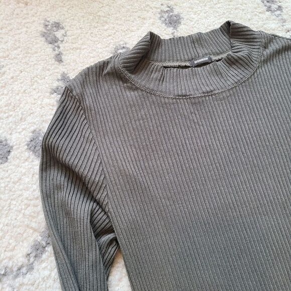 Monrow green ribbed midi dress womens Medium Stretchy Long sleeve Mock Neck - Picture 2 of 6